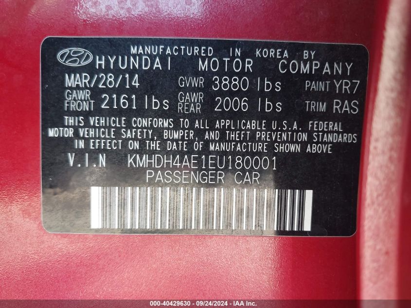 2014 Hyundai Elantra Se VIN: KMHDH4AE1EU180001 Lot: 40429630