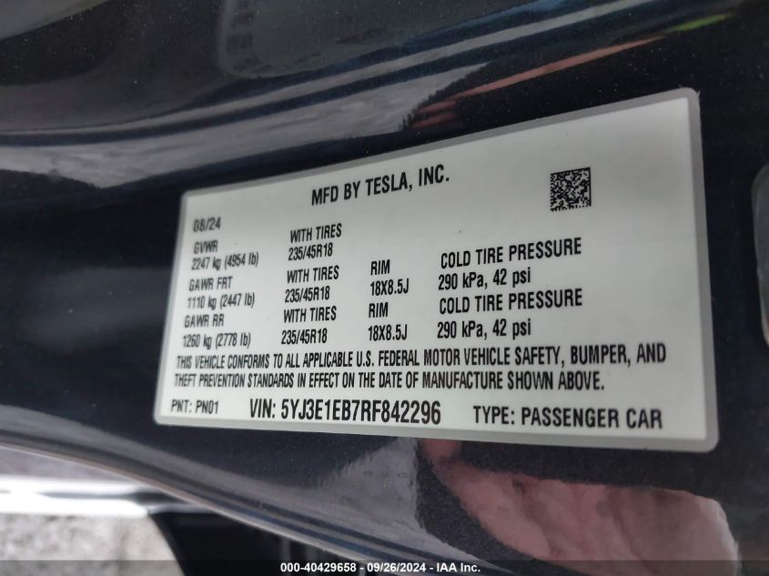 2024 Tesla Model 3 Long Range Dual Motor All-Wheel Drive VIN: 5YJ3E1EB7RF842296 Lot: 40429658