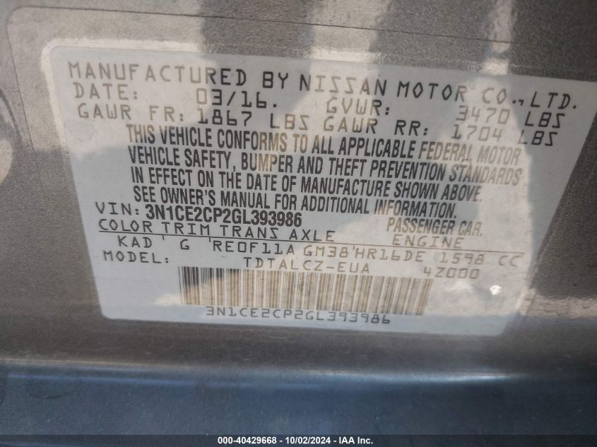 3N1CE2CP2GL393986 2016 Nissan Versa Note S Plus