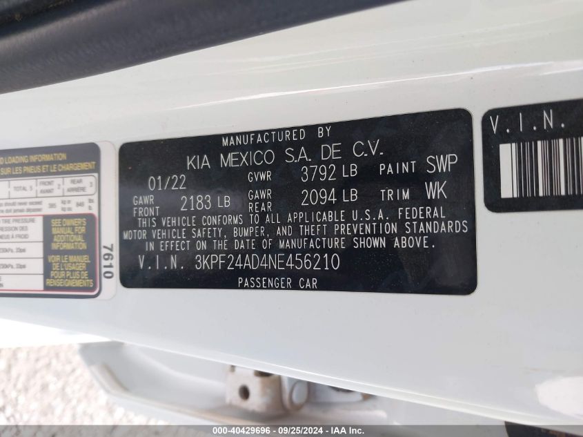 2022 Kia Forte Lxs VIN: 3KPF24AD4NE456210 Lot: 40429696