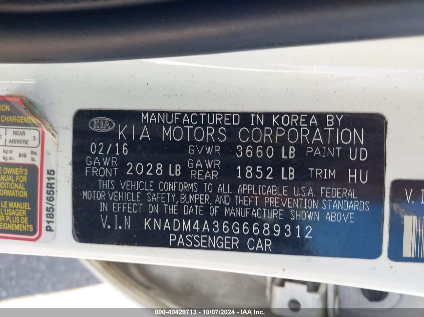 2016 Kia Rio Lx VIN: KNADM4A36G6689312 Lot: 40429713