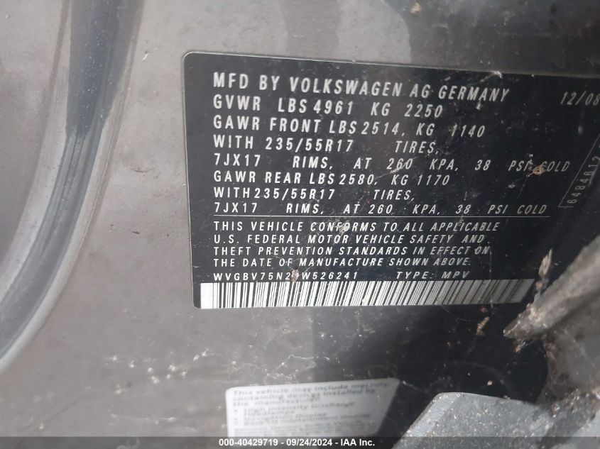 WVGBV75N29W526241 2009 Volkswagen Tiguan Se