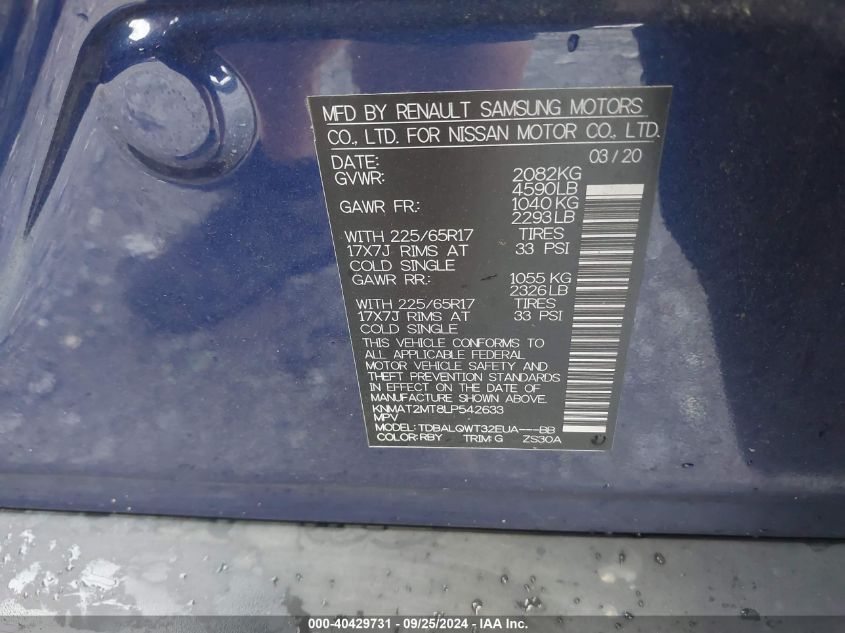 2020 NISSAN ROGUE SV FWD - KNMAT2MT8LP542633