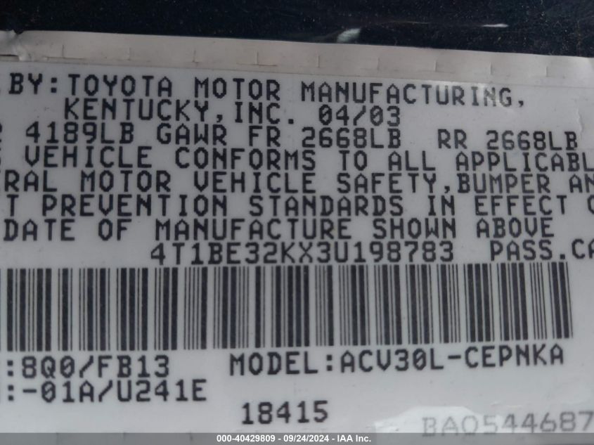 4T1BE32KX3U198783 2003 Toyota Camry Le