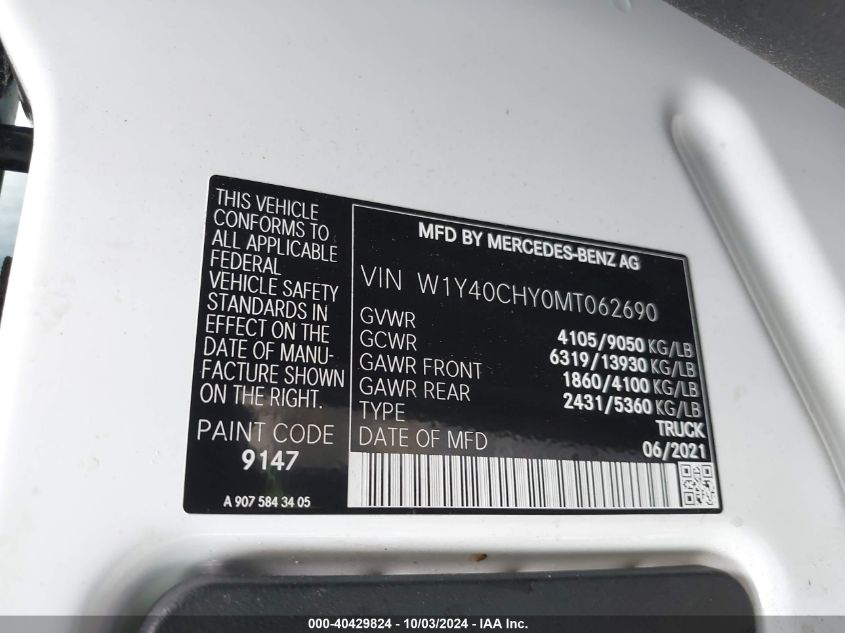 2021 Mercedes-Benz Sprinter 2500 High Roof I4 VIN: W1Y40CHY0MT062690 Lot: 40429824