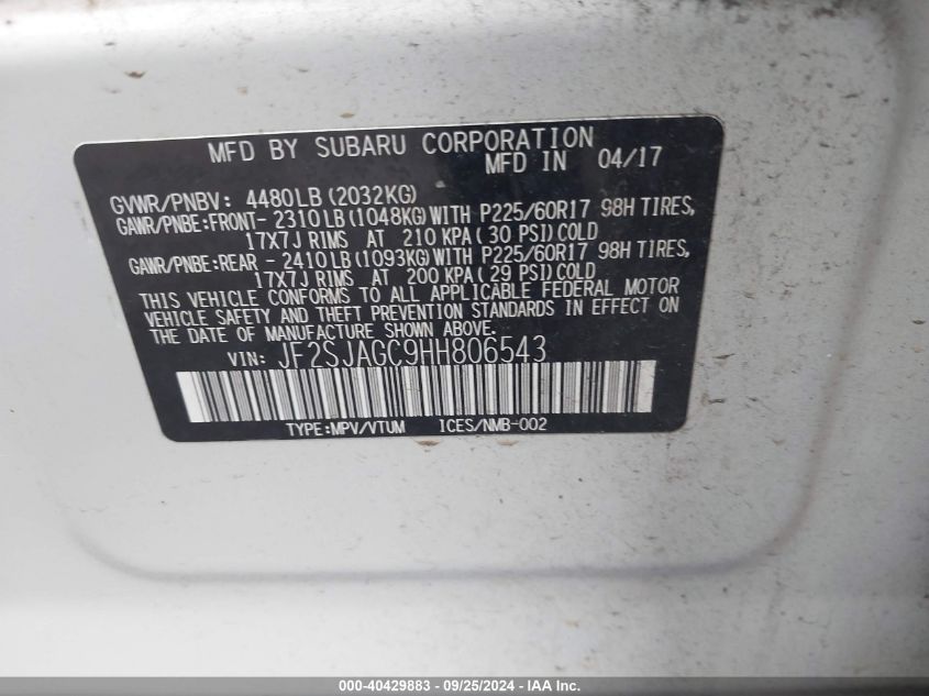 JF2SJAGC9HH806543 2017 Subaru Forester 2.5I Premium