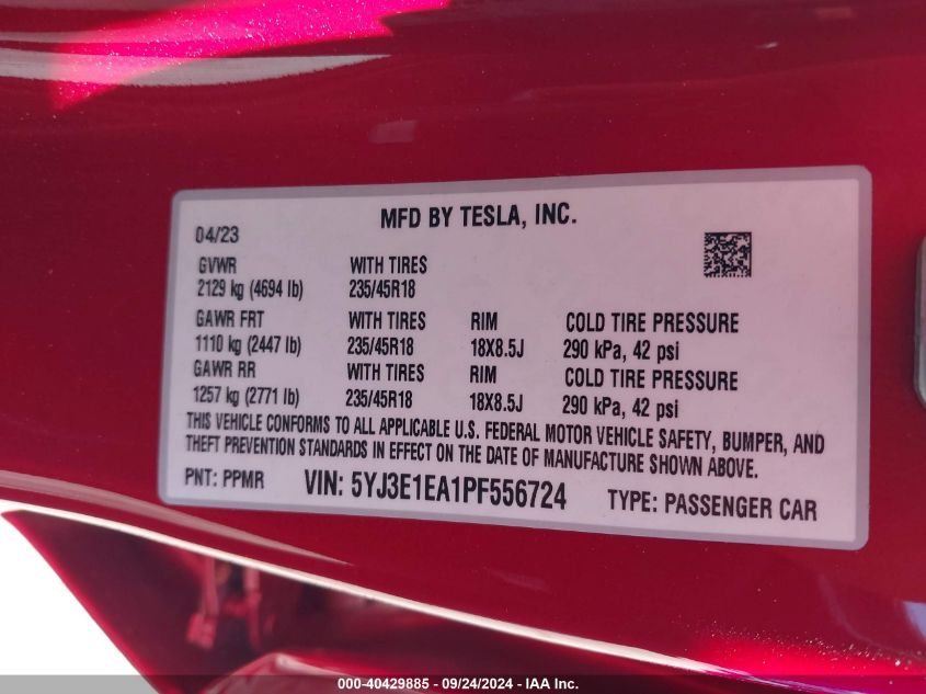 2023 Tesla Model 3 Rear-Wheel Drive VIN: 5YJ3E1EA1PF556724 Lot: 40429885