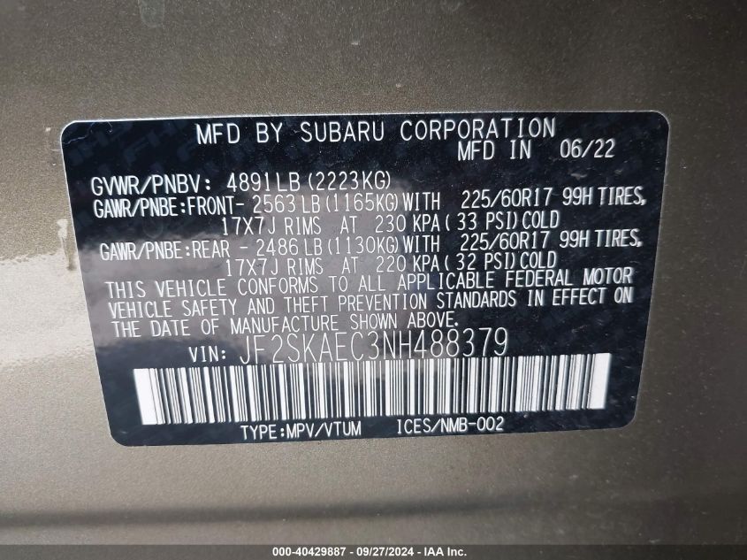 2022 Subaru Forester Premium VIN: JF2SKAEC3NH488379 Lot: 40429887