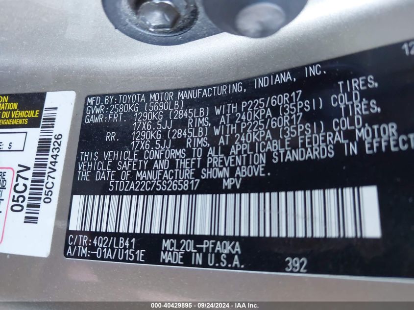 5TDZA22C75S265817 2005 Toyota Sienna Xle