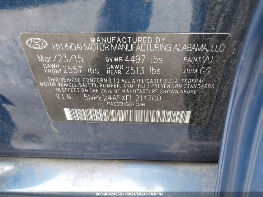 5NPE24AFXFH211700 2015 Hyundai Sonata Se