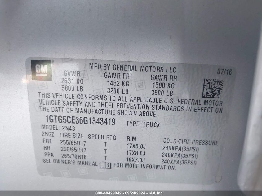 1GTG5CE36G1343419 2016 GMC Canyon Sle