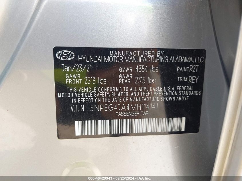 5NPEG4JA4MH114141 2021 Hyundai Sonata Se