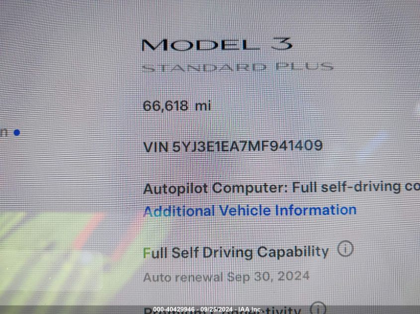 2021 Tesla Model 3 Standard Range Plus Rear-Wheel Drive VIN: 5YJ3E1EA7MF941409 Lot: 40429946