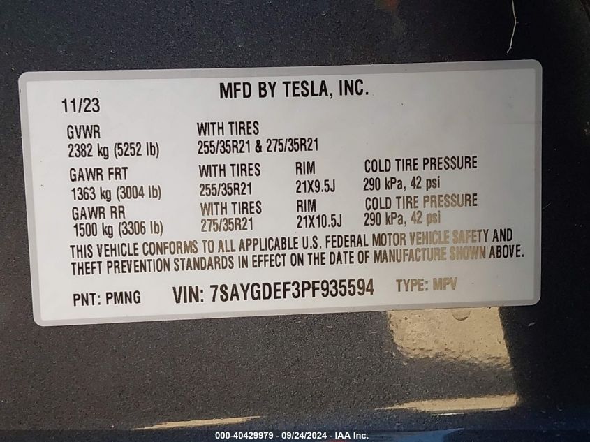 2023 Tesla Model Y Awd/Performance Dual Motor All-Wheel Drive VIN: 7SAYGDEF3PF935594 Lot: 40429979