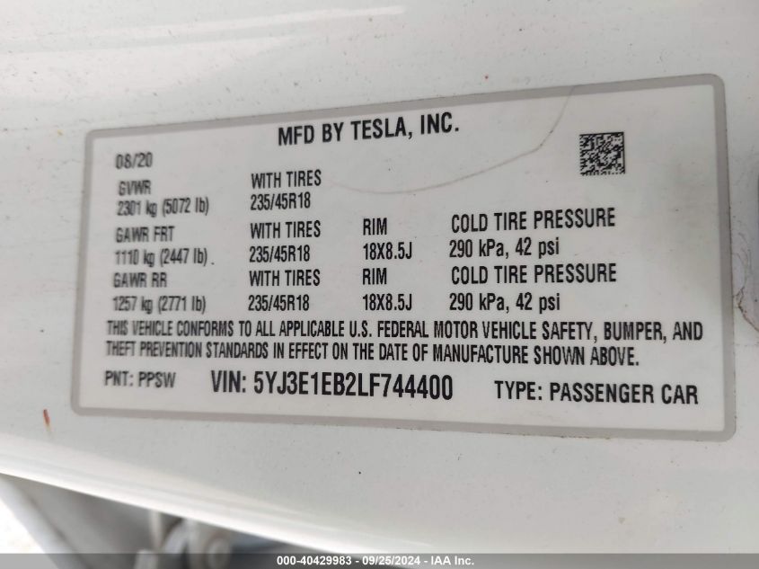 2020 Tesla Model 3 Long Range Dual Motor All-Wheel Drive VIN: 5YJ3E1EB2LF744400 Lot: 40429983