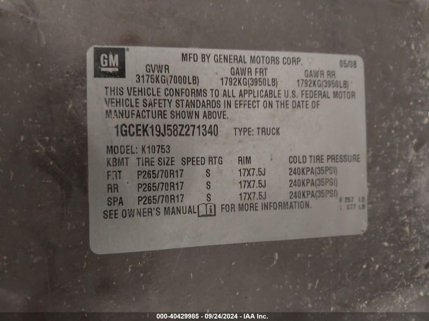 1GCEK19J58Z271340 2008 Chevrolet Silverado 1500 Lt1