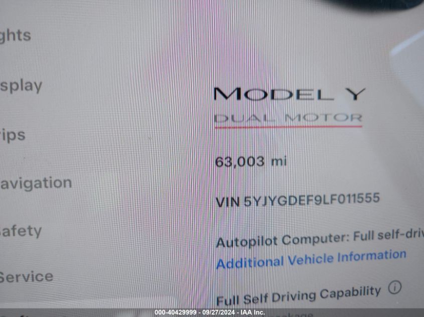 2020 Tesla Model Y Long Range Dual Motor All-Wheel Drive/Performance Dual Motor All-Wheel Drive VIN: 5YJYGDEF9LF011555 Lot: 40429999