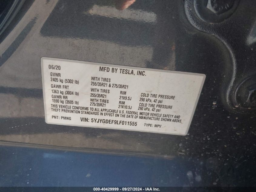 2020 Tesla Model Y Long Range Dual Motor All-Wheel Drive/Performance Dual Motor All-Wheel Drive VIN: 5YJYGDEF9LF011555 Lot: 40429999