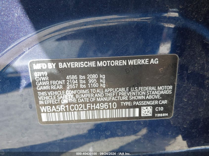 2020 BMW 330I VIN: WBA5R1C02LFH49610 Lot: 40430100