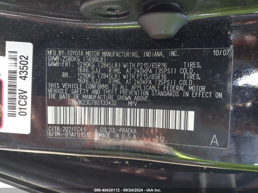 5TDZK23C78S133432 2008 Toyota Sienna Le