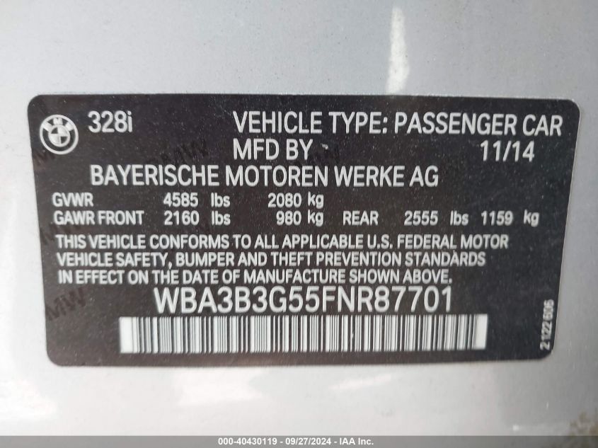 WBA3B3G55FNR87701 2015 BMW 328I xDrive