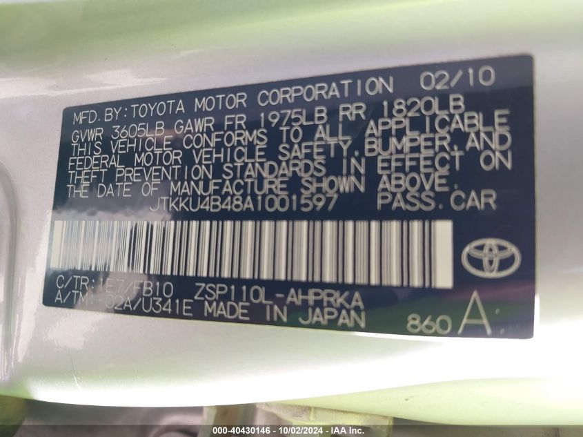 2010 Scion Xd VIN: JTKKU4B48A1001597 Lot: 40430146