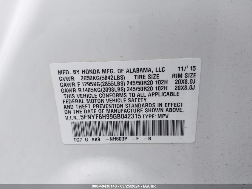 5FNYF6H99GB042315 2016 Honda Pilot Touring