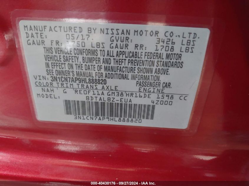 3N1CN7AP9HL888820 2017 Nissan Versa 1.6 Sv