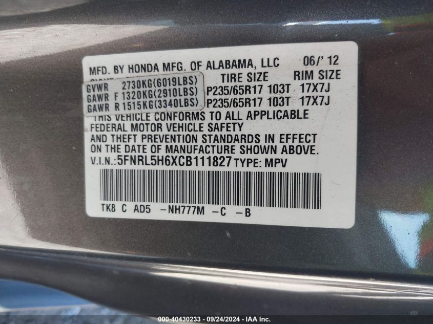 2012 Honda Odyssey Ex-L VIN: 5FNRL5H6XCB111827 Lot: 40430233