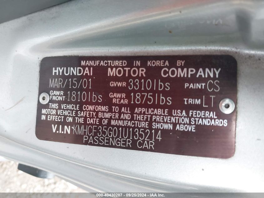 KMHCF35G01U135214 2001 Hyundai Accent L