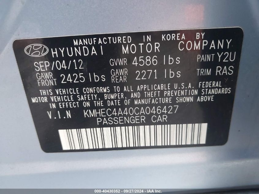 KMHEC4A40CA046427 2012 Hyundai Sonata Hybrid