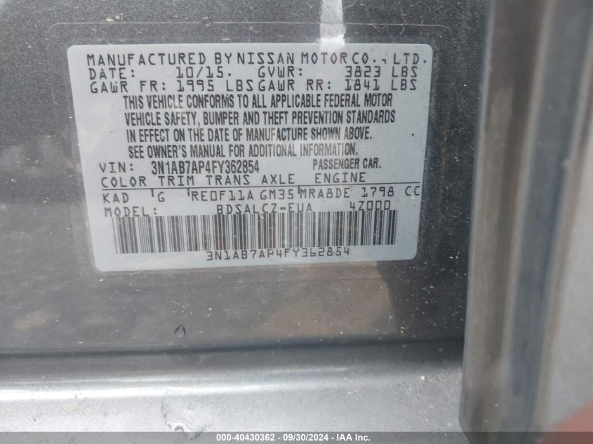 3N1AB7AP4FY362854 2015 Nissan Sentra S