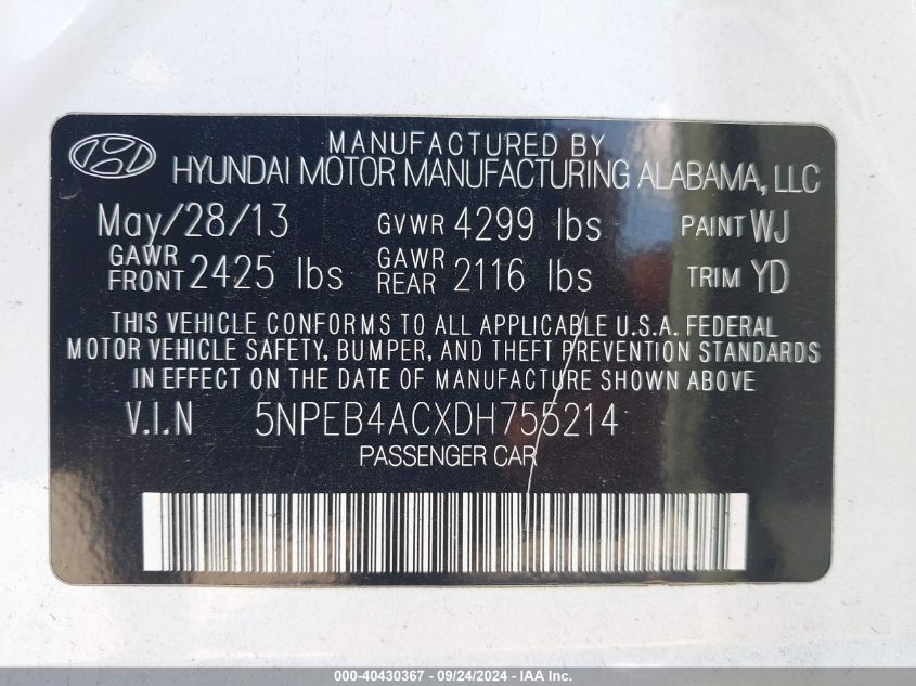 5NPEB4ACXDH755214 2013 Hyundai Sonata Gls