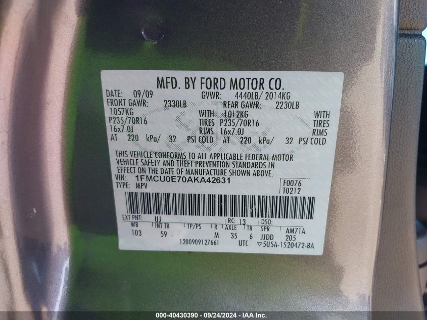 1FMCU0E70AKA42631 2010 Ford Escape Limited