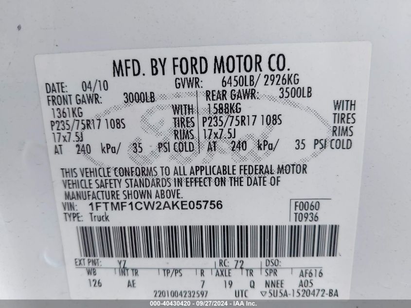 2010 Ford F-150 Stx/Xl/Xlt VIN: 1FTMF1CW2AKE05756 Lot: 40430420