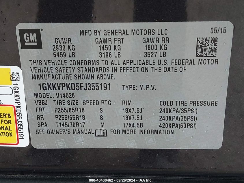 1GKKVPKD5FJ355191 2015 GMC Acadia Sle-2