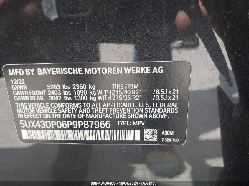 5UX43DP06P9P87966 2023 BMW X3 Sdrive30I