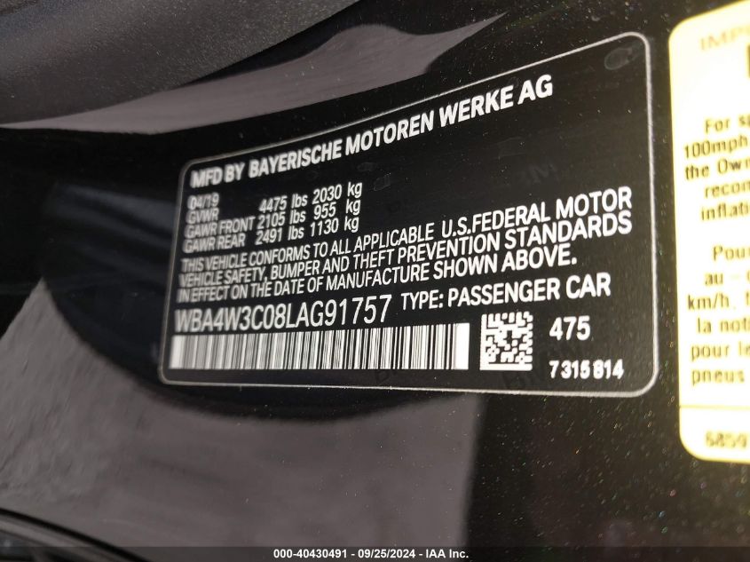 2020 BMW 430I VIN: WBA4W3C08LAG91757 Lot: 40430491