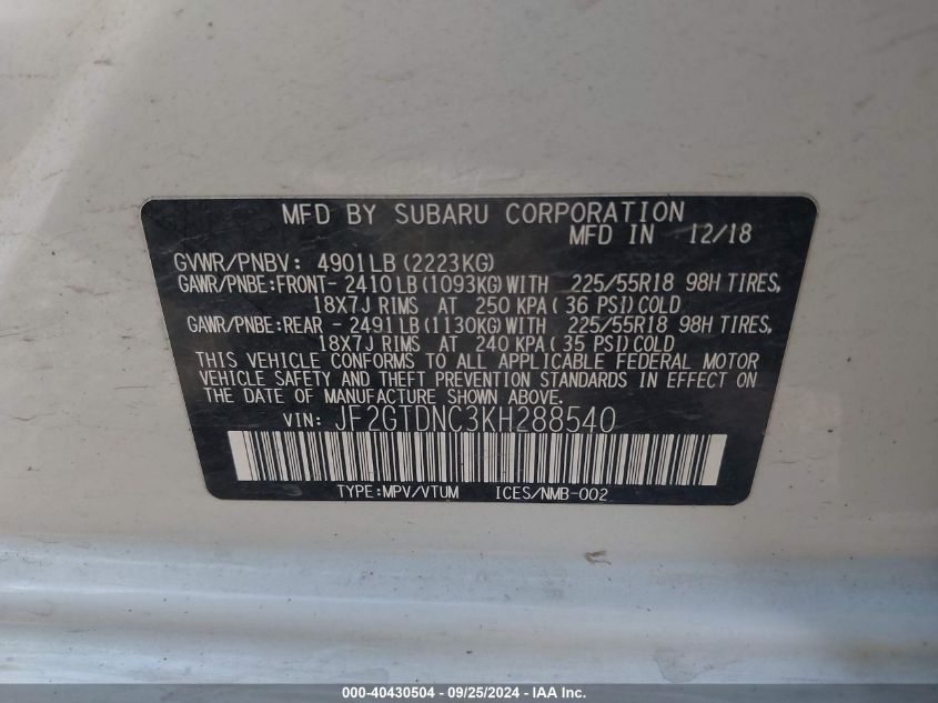 JF2GTDNC3KH288540 2019 Subaru Crosstrek Hybrid