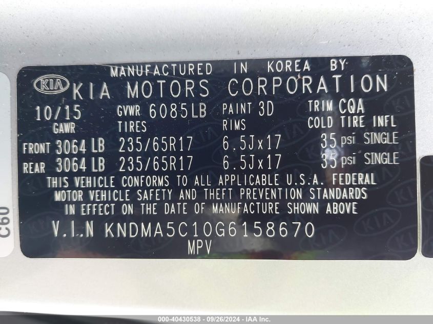 2016 Kia Sedona L VIN: KNDMA5C10G6158670 Lot: 40430538