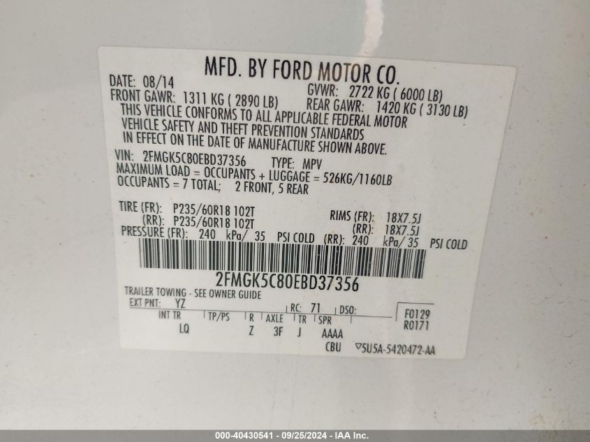 2FMGK5C80EBD37356 2014 Ford Flex Sel