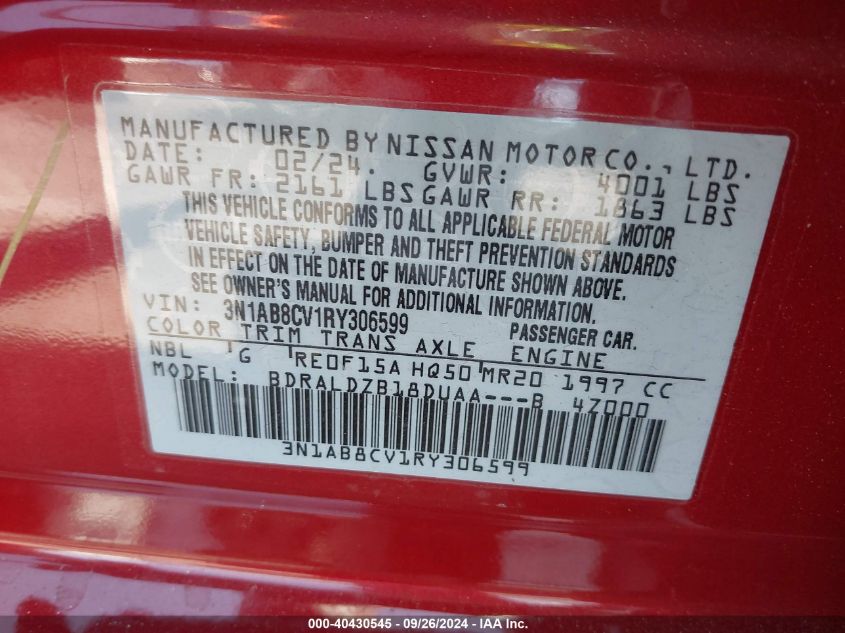 2024 Nissan Sentra Sv Xtronic Cvt VIN: 3N1AB8CV1RY306599 Lot: 40430545