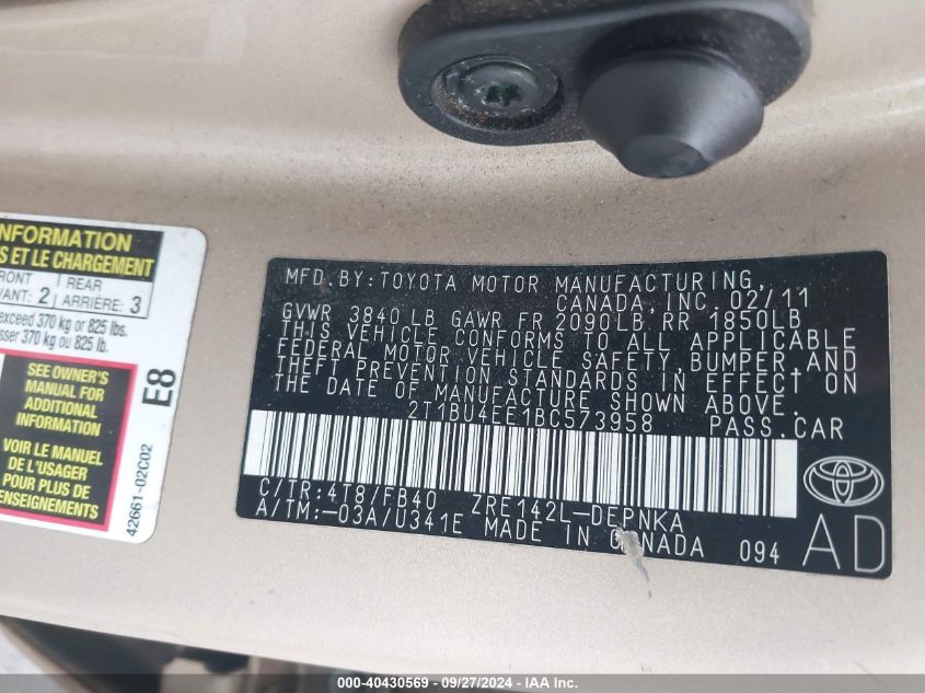 2011 Toyota Corolla Le VIN: 2T1BU4EE1BC573958 Lot: 40430569