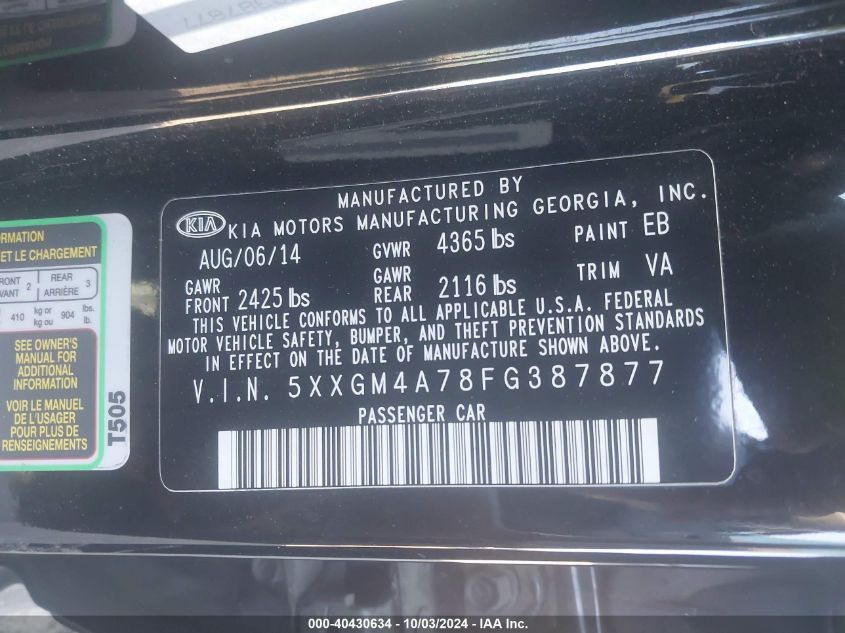 5XXGM4A78FG387877 2015 Kia Optima Lx