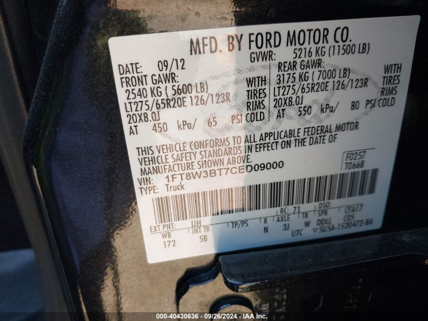 2012 Ford F350 Super Duty VIN: 1FT8W3BT7CED09000 Lot: 40430636