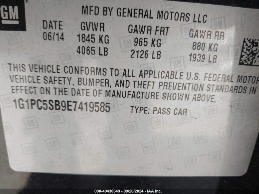 1G1PC5SB9E7419585 2014 Chevrolet Cruze 1Lt Auto