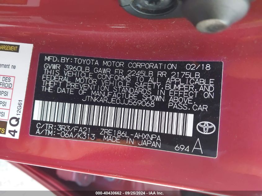 2018 Toyota Corolla Im VIN: JTNKARJE0JJ569068 Lot: 40430662