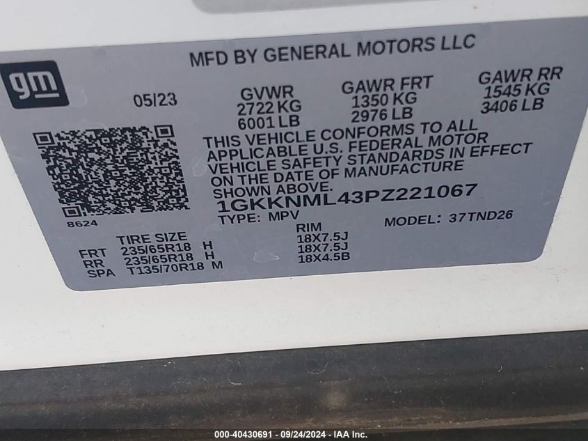 1GKKNML43PZ221067 2023 GMC Acadia Slt