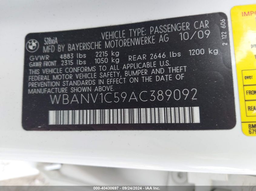 WBANV1C59AC389092 2010 BMW 528I xDrive