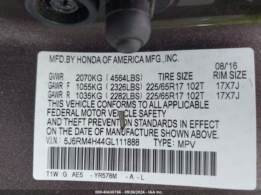 2016 Honda Cr-V Se VIN: 5J6RM4H44GL111888 Lot: 40430766